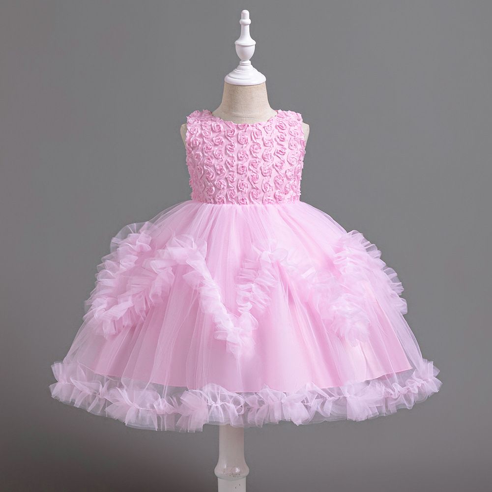 Korean style pink flower dresses for girls of 10 year old Fluffy mesh girl evening dress cake dress child girl birthday party