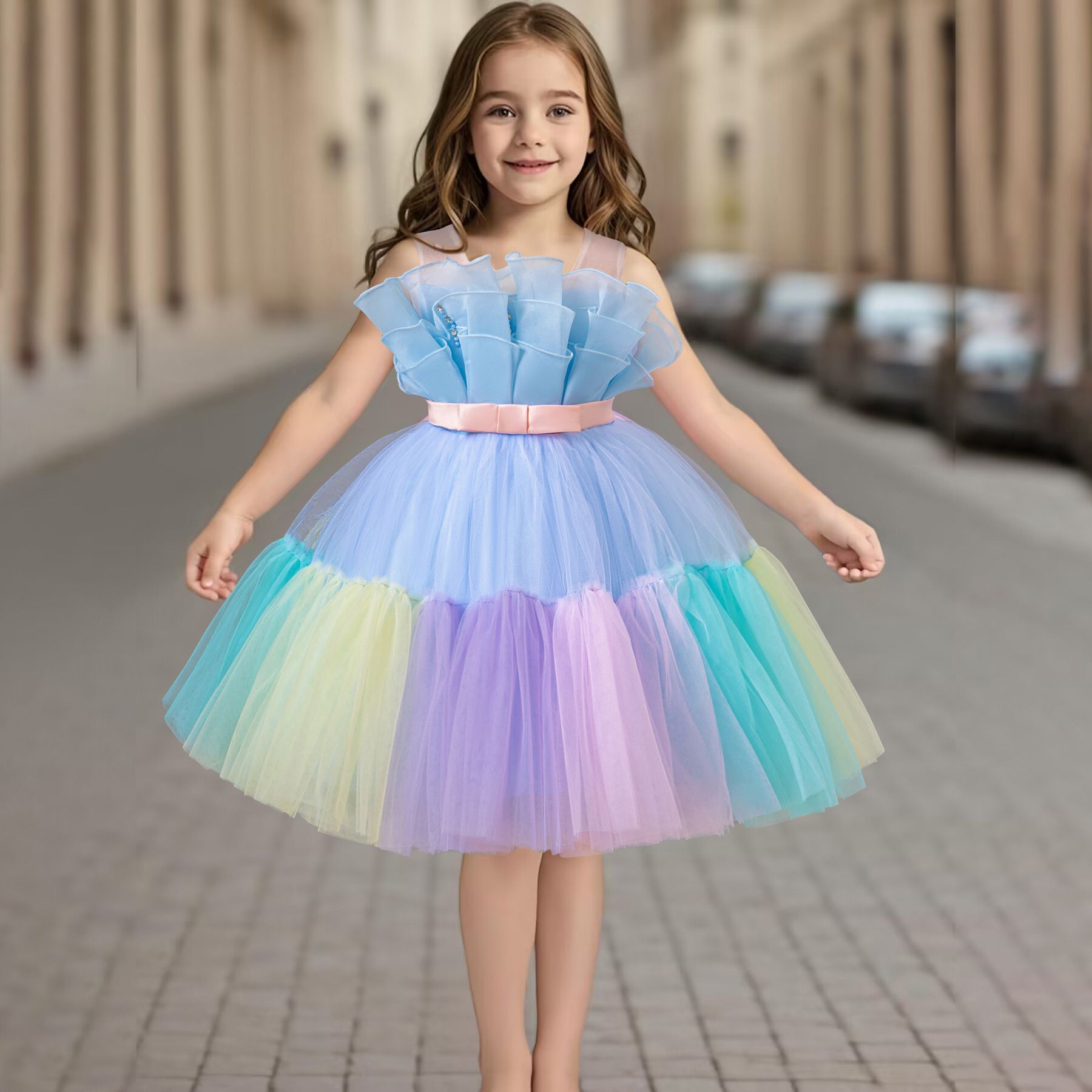 Elegant style fluffy mesh dresses for girls of 10 year old colorful children's princess party dress flower girl wedding dress