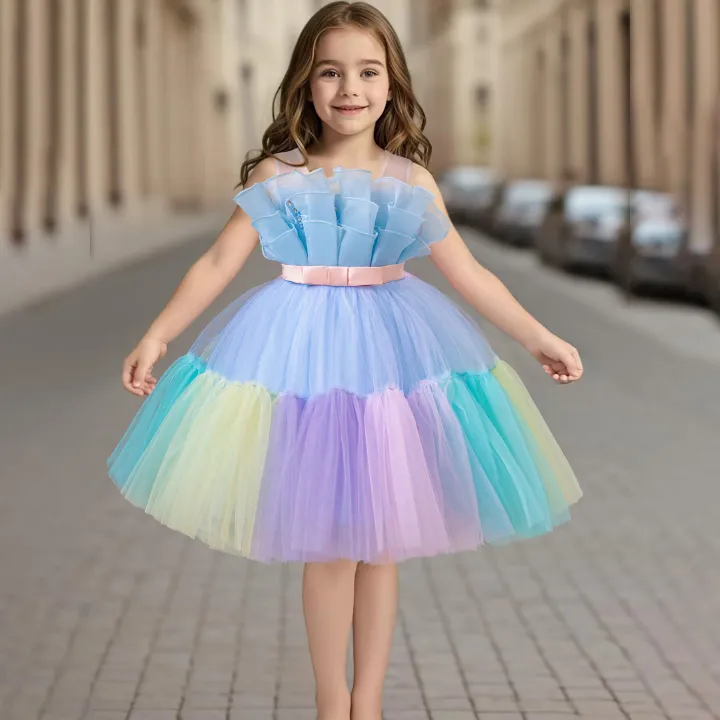 Elegant style fluffy mesh dresses for girls of 10 year old colorful children's princess party dress flower girl wedding dress