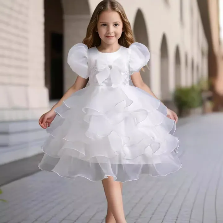 European bubble sleeved princess dresses for girls of 10 year old Organza children party dress white flower girl wedding dress