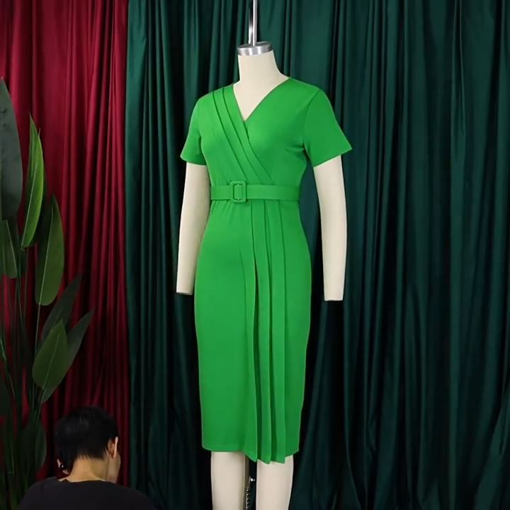 v neck short sleeve ladies office wear dresses plus size 3XL belt pencil dress summer clothes solid color dress