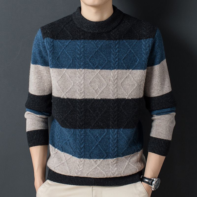 Autumn and Winter Men's Retro Casual Knitted Sweater round Neck Warm Breathable and Anti-Wrinkle with Color Blocked Feature Sweaters