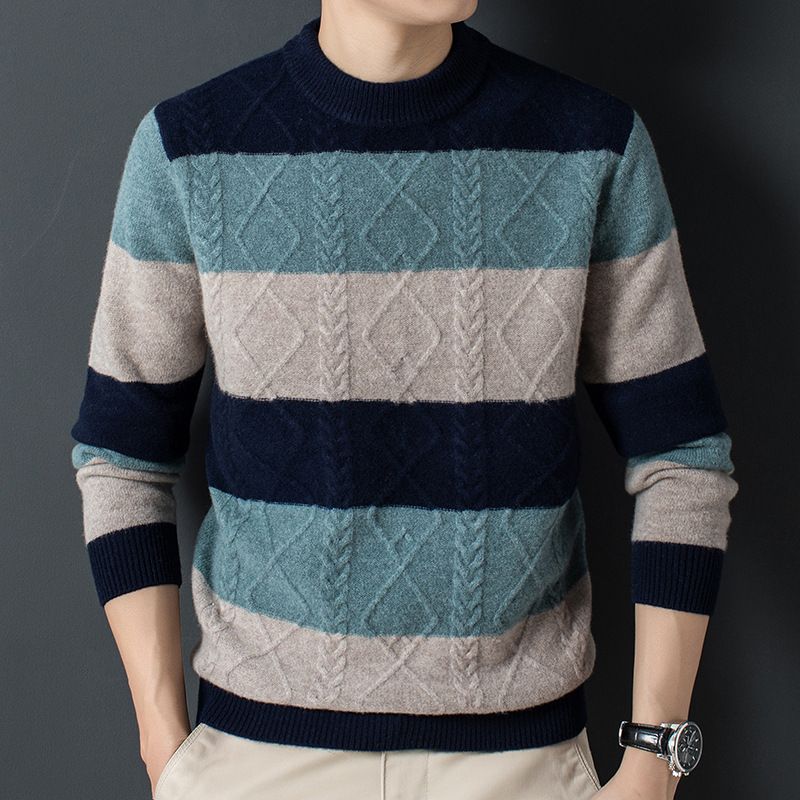 Autumn and Winter Men's Retro Casual Knitted Sweater round Neck Warm Breathable and Anti-Wrinkle with Color Blocked Feature Sweaters