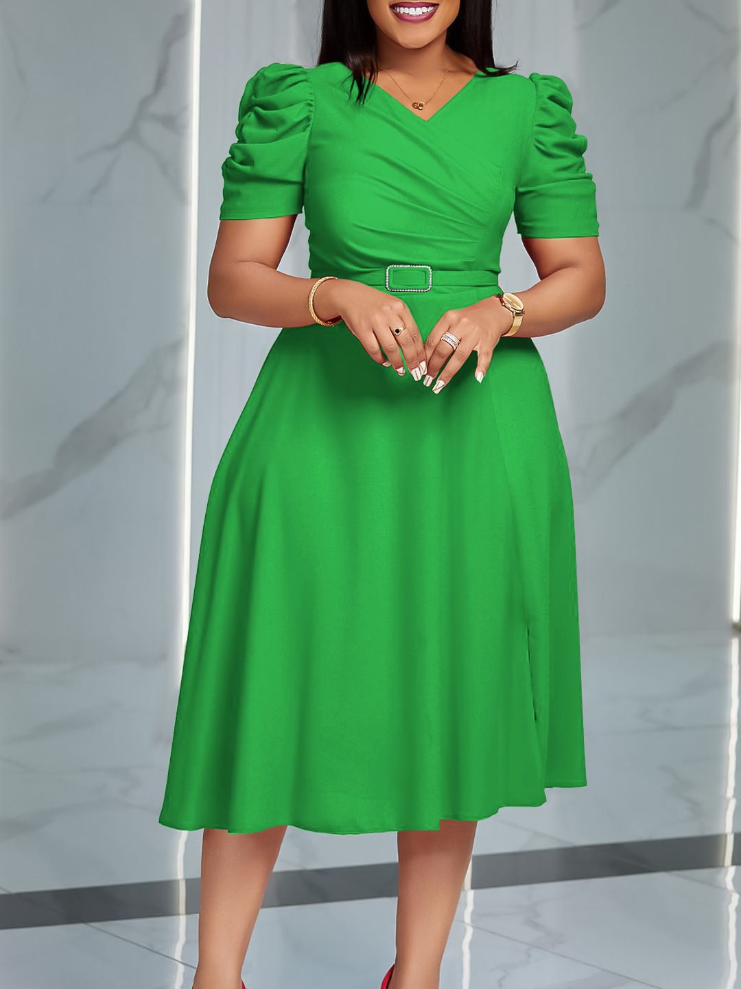 Women's Summer New Fashion Temperament Elegant V-Neck Pleated Large Swing Skirt Dress