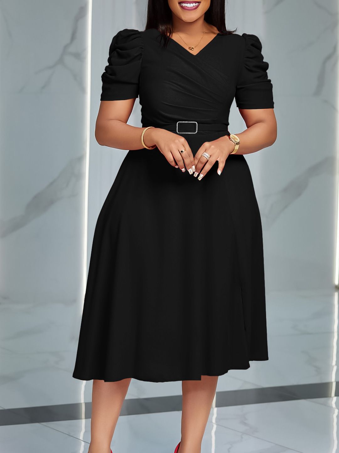 Women's Summer New Fashion Temperament Elegant V-Neck Pleated Large Swing Skirt Dress