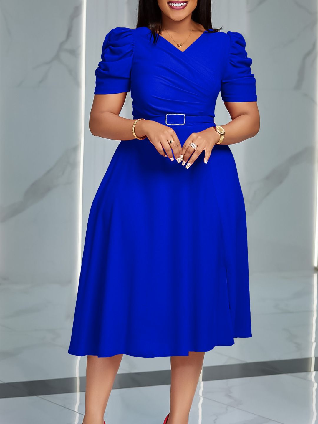 Women's Summer New Fashion Temperament Elegant V-Neck Pleated Large Swing Skirt Dress