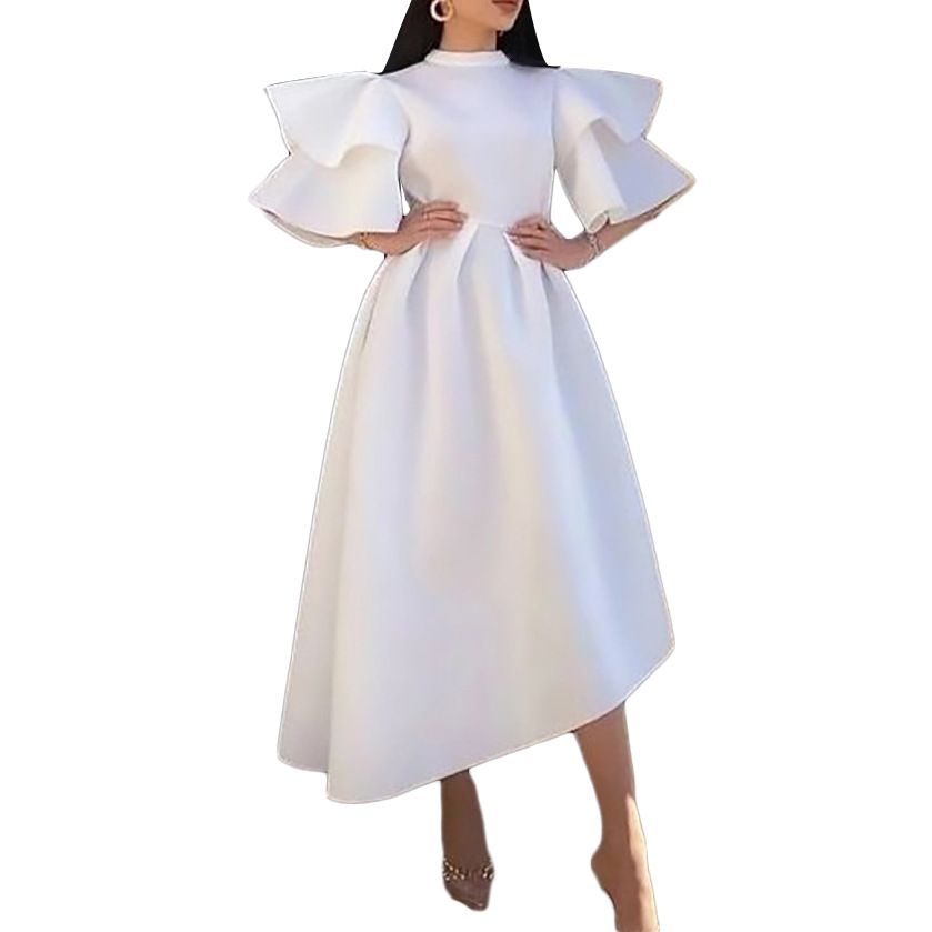 New Womens Plus Size Modest Turtleneck Double-layer Ruffle Sleeve A-line Prom Dresses Ladies Elegant Evening Dress