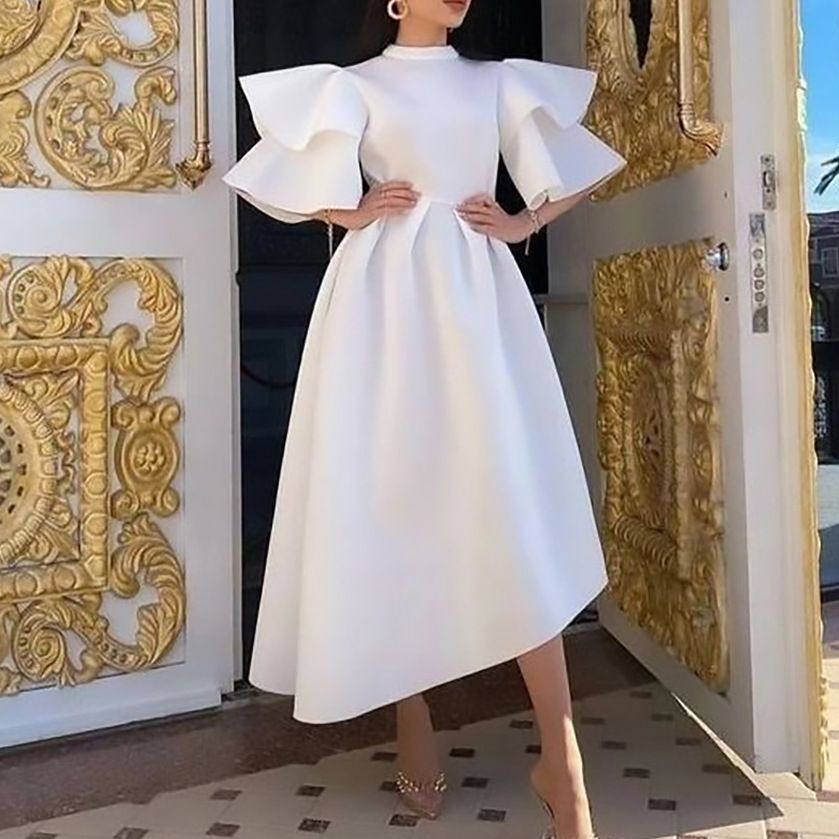New Womens Plus Size Modest Turtleneck Double-layer Ruffle Sleeve A-line Prom Dresses Ladies Elegant Evening Dress