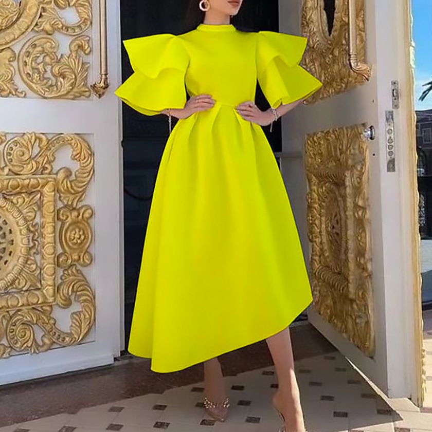 New Womens Plus Size Modest Turtleneck Double-layer Ruffle Sleeve A-line Prom Dresses Ladies Elegant Evening Dress