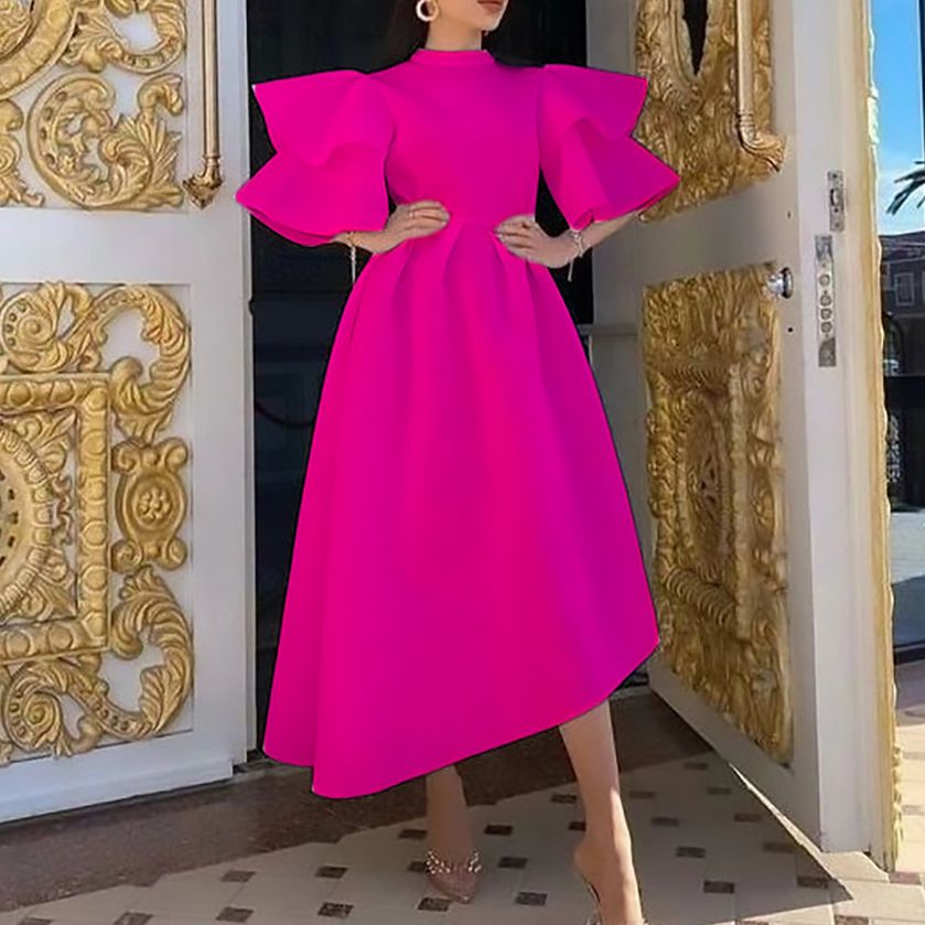 New Womens Plus Size Modest Turtleneck Double-layer Ruffle Sleeve A-line Prom Dresses Ladies Elegant Evening Dress