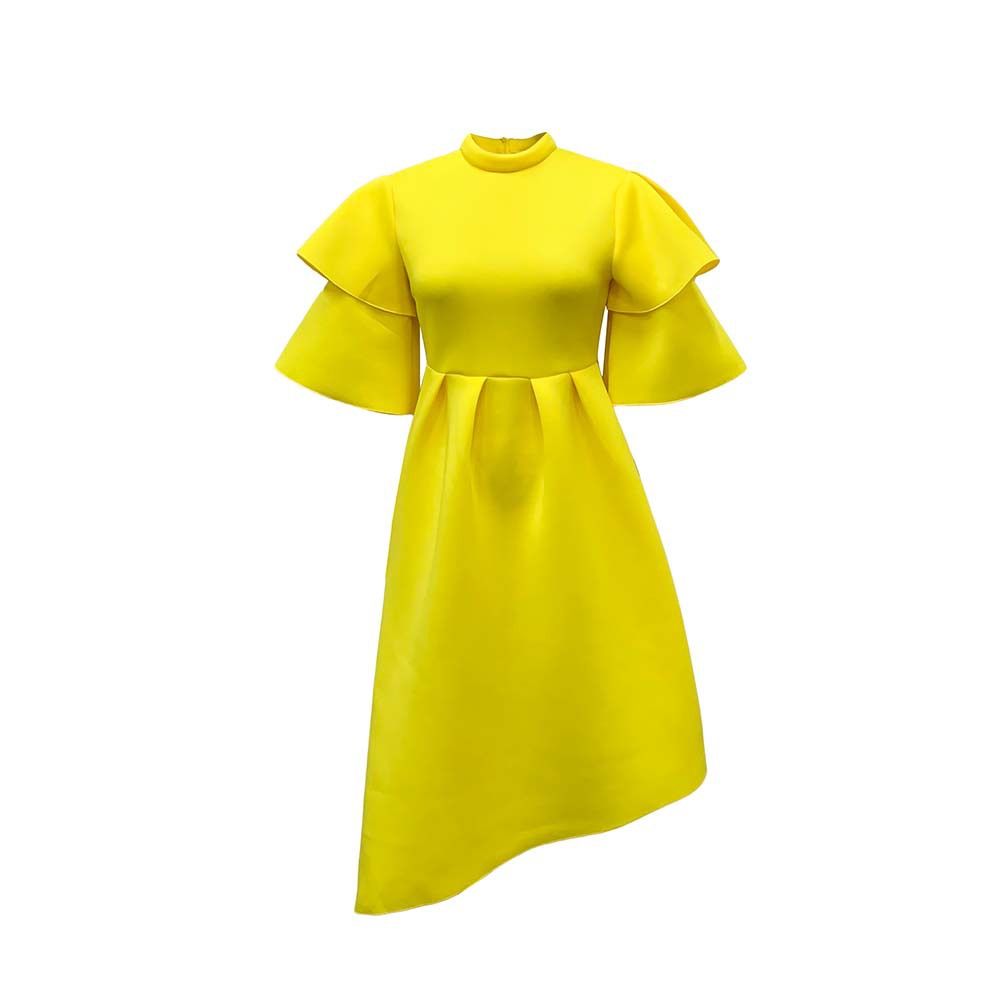 New Womens Plus Size Modest Turtleneck Double-layer Ruffle Sleeve A-line Prom Dresses Ladies Elegant Evening Dress
