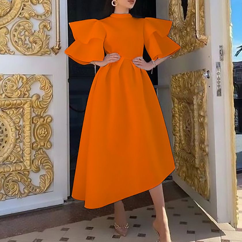 New Womens Plus Size Modest Turtleneck Double-layer Ruffle Sleeve A-line Prom Dresses Ladies Elegant Evening Dress