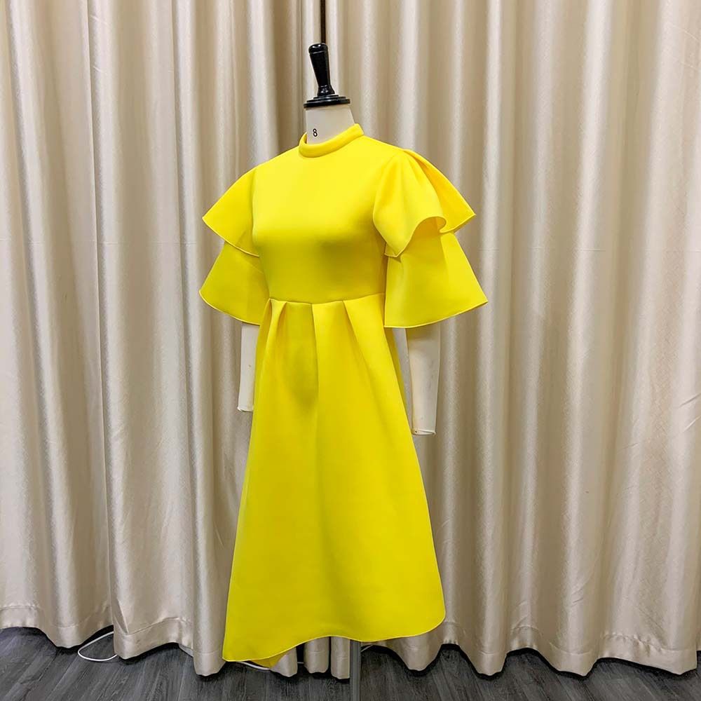 New Womens Plus Size Modest Turtleneck Double-layer Ruffle Sleeve A-line Prom Dresses Ladies Elegant Evening Dress