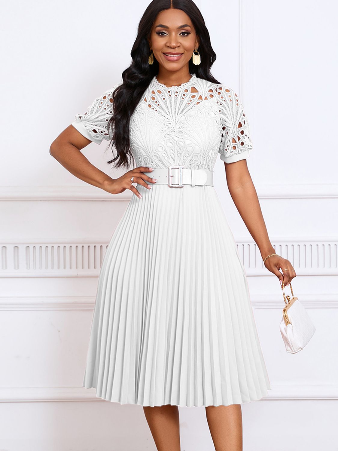 Latest Design Summer Dresses Women Casual Elegant Short Sleeve Lace Spliced Pleated African Ladies Office Dress