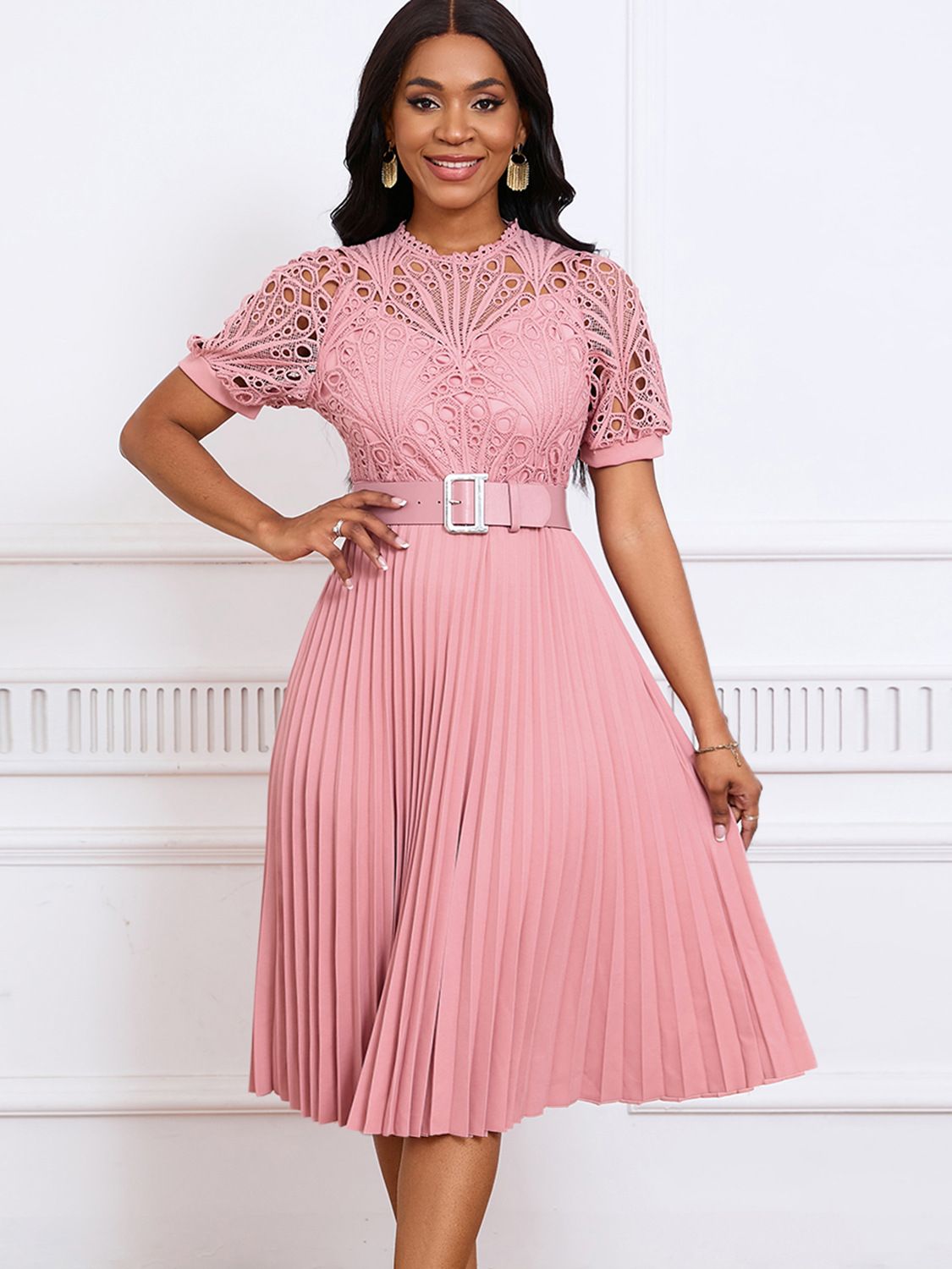 Latest Design Summer Dresses Women Casual Elegant Short Sleeve Lace Spliced Pleated African Ladies Office Dress