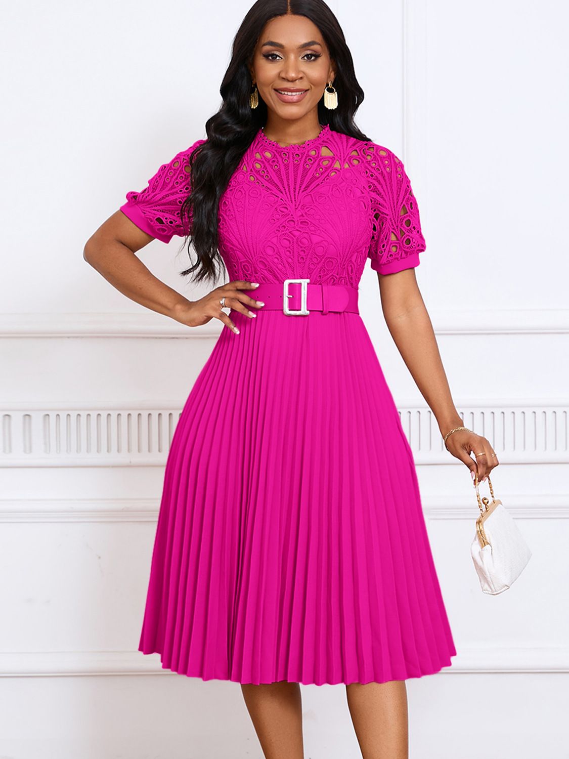 Latest Design Summer Dresses Women Casual Elegant Short Sleeve Lace Spliced Pleated African Ladies Office Dress