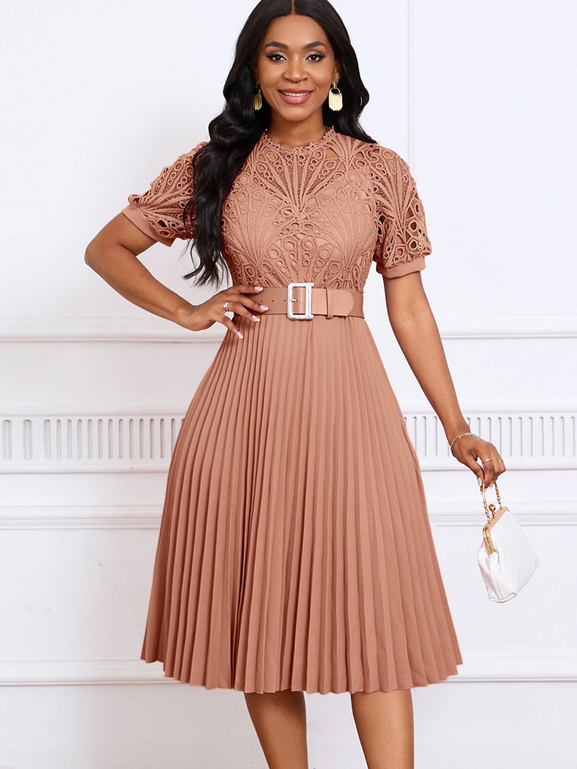 Latest Design Summer Dresses Women Casual Elegant Short Sleeve Lace Spliced Pleated African Ladies Office Dress