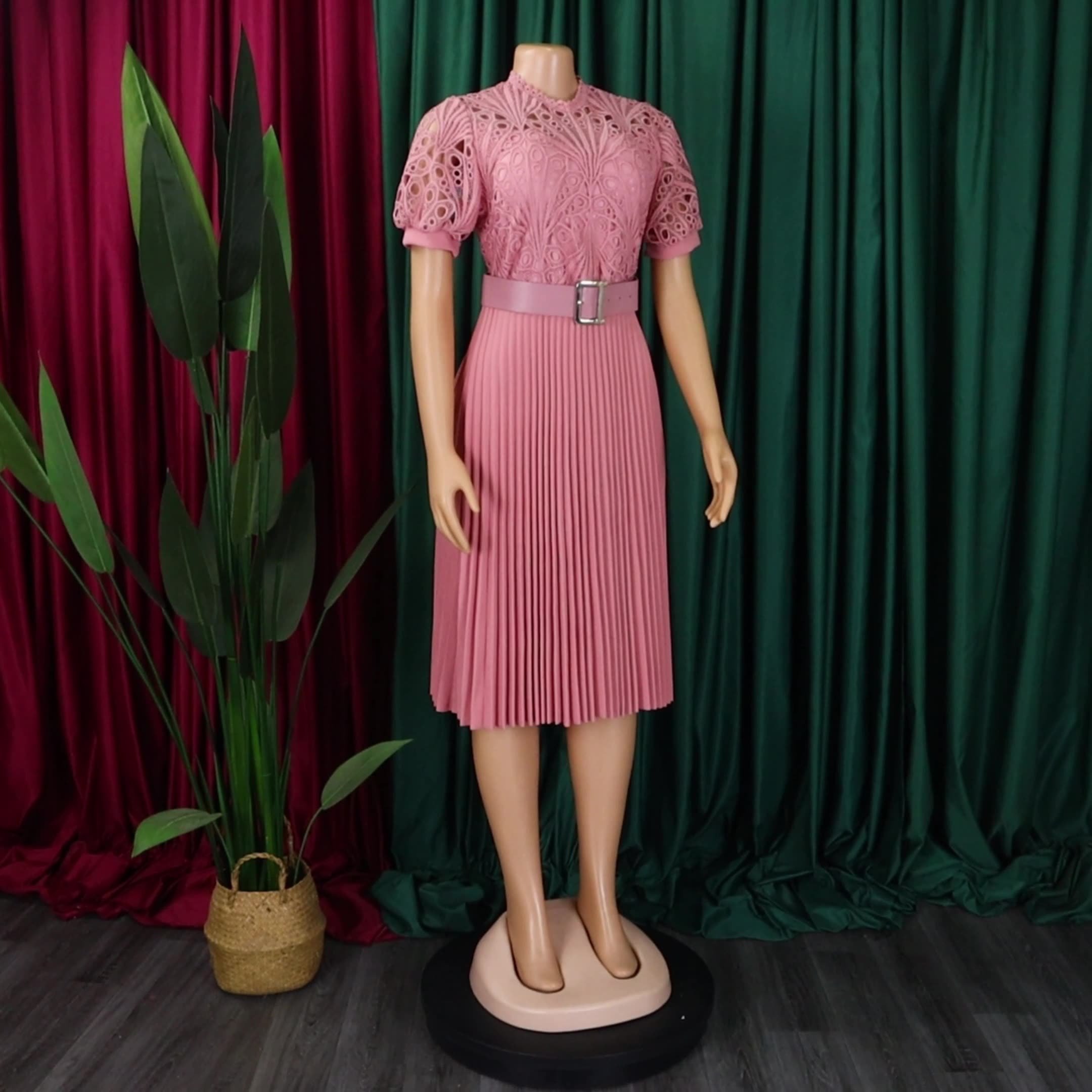 Latest Design Summer Dresses Women Casual Elegant Short Sleeve Lace Spliced Pleated African Ladies Office Dress