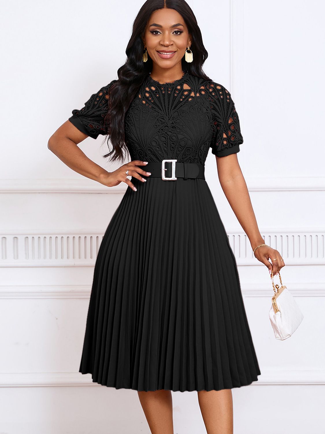 Latest Design Summer Dresses Women Casual Elegant Short Sleeve Lace Spliced Pleated African Ladies Office Dress