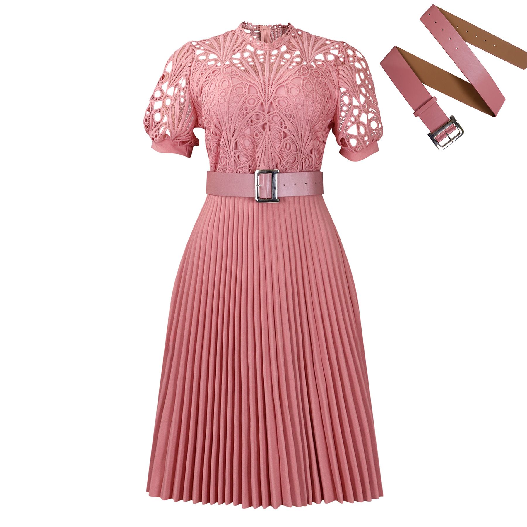 Latest Design Summer Dresses Women Casual Elegant Short Sleeve Lace Spliced Pleated African Ladies Office Dress
