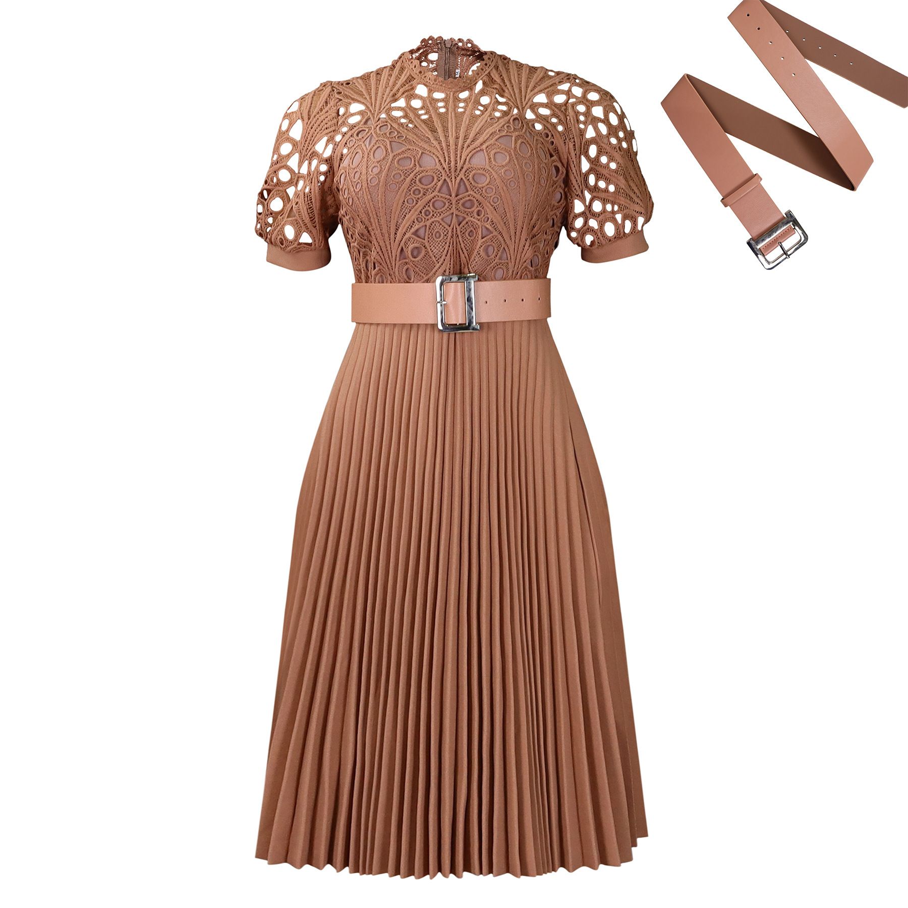 Latest Design Summer Dresses Women Casual Elegant Short Sleeve Lace Spliced Pleated African Ladies Office Dress