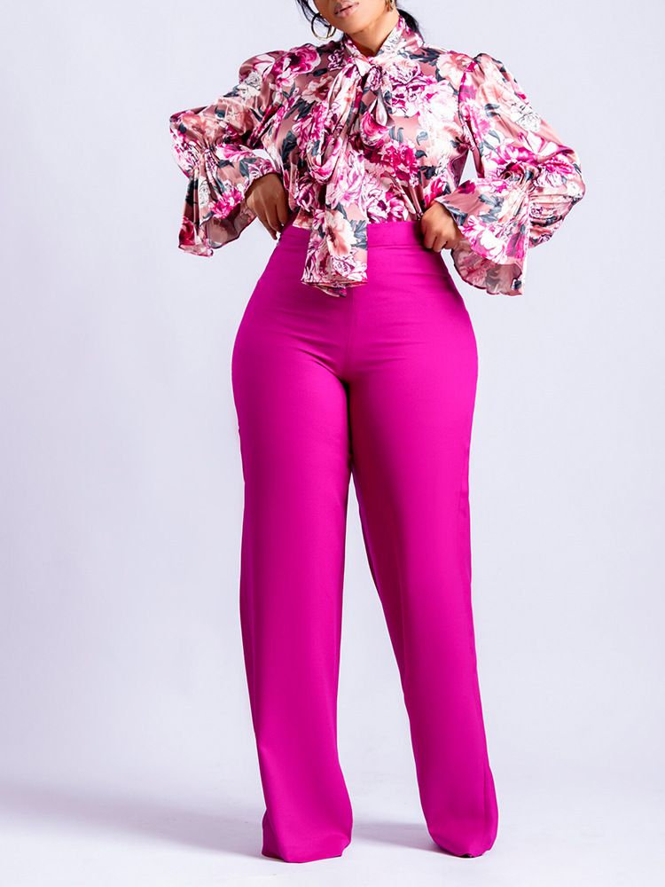 Women Plus Size 2 Piece Set  Large Size Fashion Print Lace Up Long Sleeve Shirt+Loose Pants Two Piece Set  Two-Piece Outfits