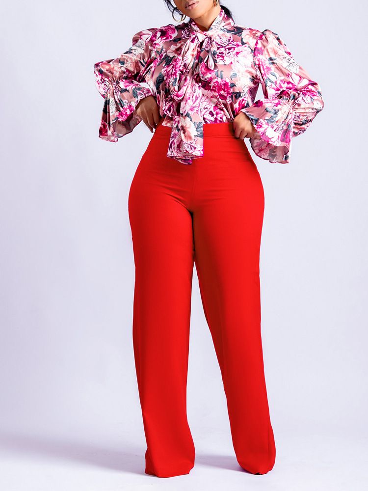Women Plus Size 2 Piece Set  Large Size Fashion Print Lace Up Long Sleeve Shirt+Loose Pants Two Piece Set  Two-Piece Outfits