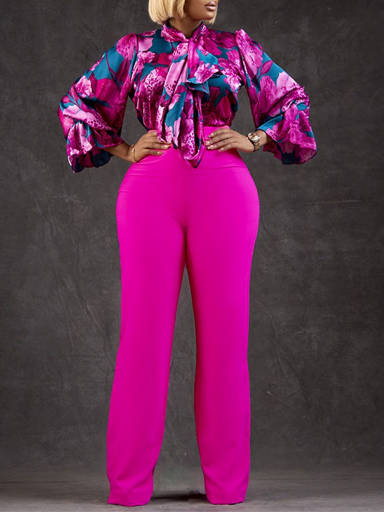 Women Plus Size 2 Piece Set  Large Size Fashion Print Lace Up Long Sleeve Shirt+Loose Pants Two Piece Set  Two-Piece Outfits