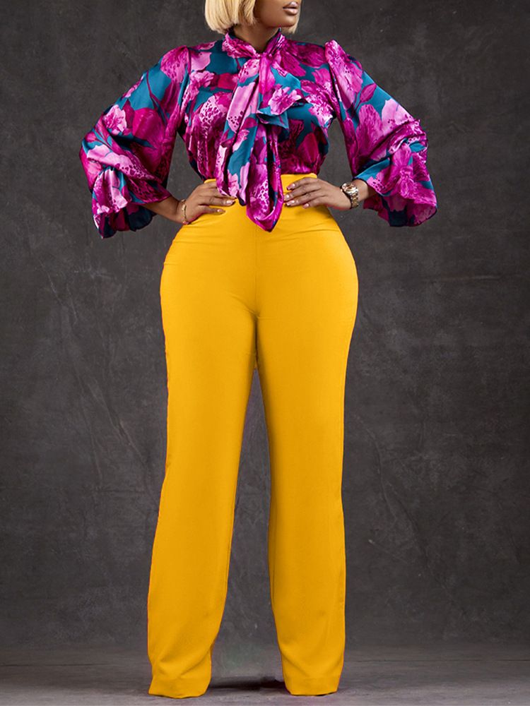 Women Plus Size 2 Piece Set  Large Size Fashion Print Lace Up Long Sleeve Shirt+Loose Pants Two Piece Set  Two-Piece Outfits