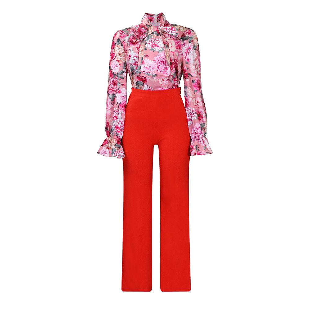 Women Plus Size 2 Piece Set  Large Size Fashion Print Lace Up Long Sleeve Shirt+Loose Pants Two Piece Set  Two-Piece Outfits