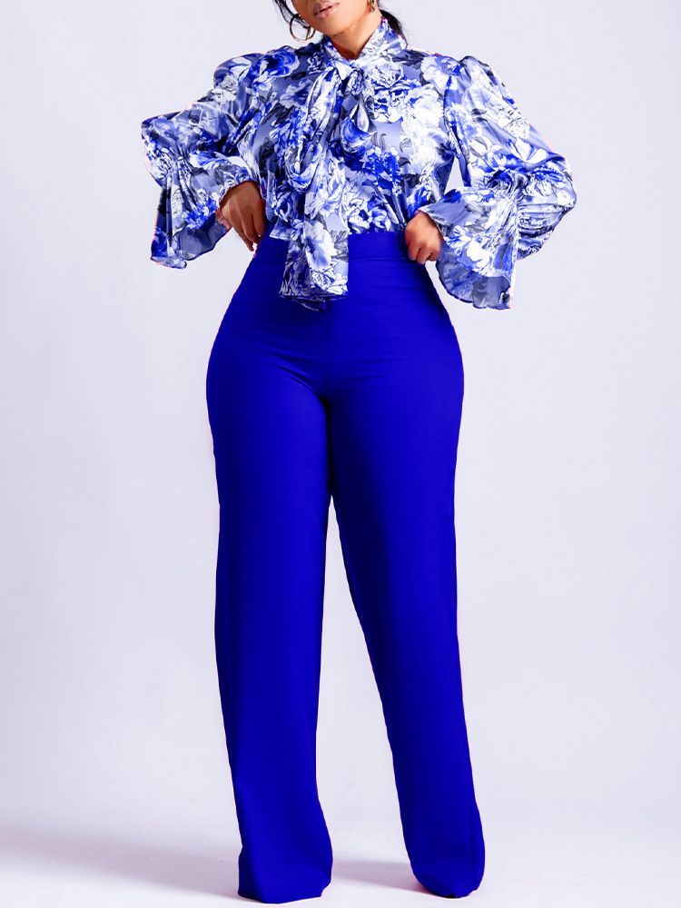 Women Plus Size 2 Piece Set  Large Size Fashion Print Lace Up Long Sleeve Shirt+Loose Pants Two Piece Set  Two-Piece Outfits
