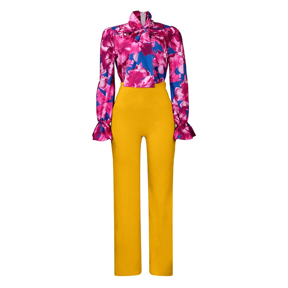 Women Plus Size 2 Piece Set  Large Size Fashion Print Lace Up Long Sleeve Shirt+Loose Pants Two Piece Set  Two-Piece Outfits