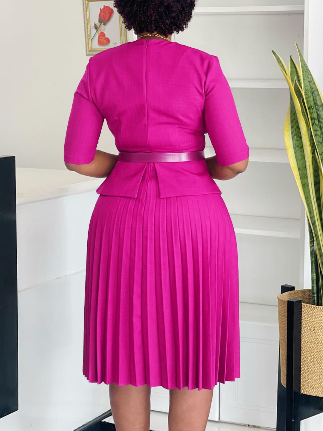 Latest Design Ladies Office Dresses Women Casual Elegant Half Sleeve V-neck Pleated Women Church Dresses With Belt   Dresses