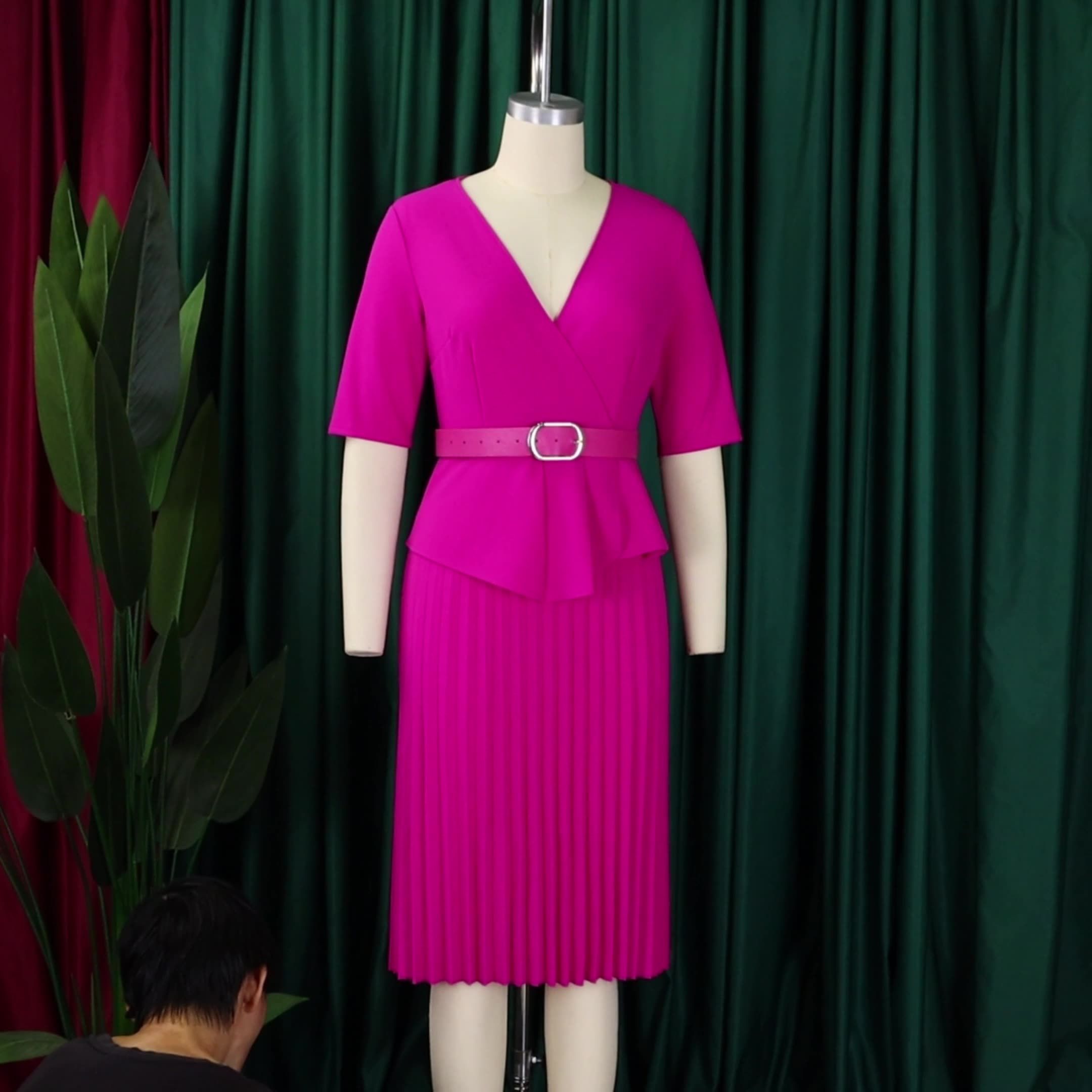 Latest Design Ladies Office Dresses Women Casual Elegant Half Sleeve V-neck Pleated Women Church Dresses With Belt   Dresses