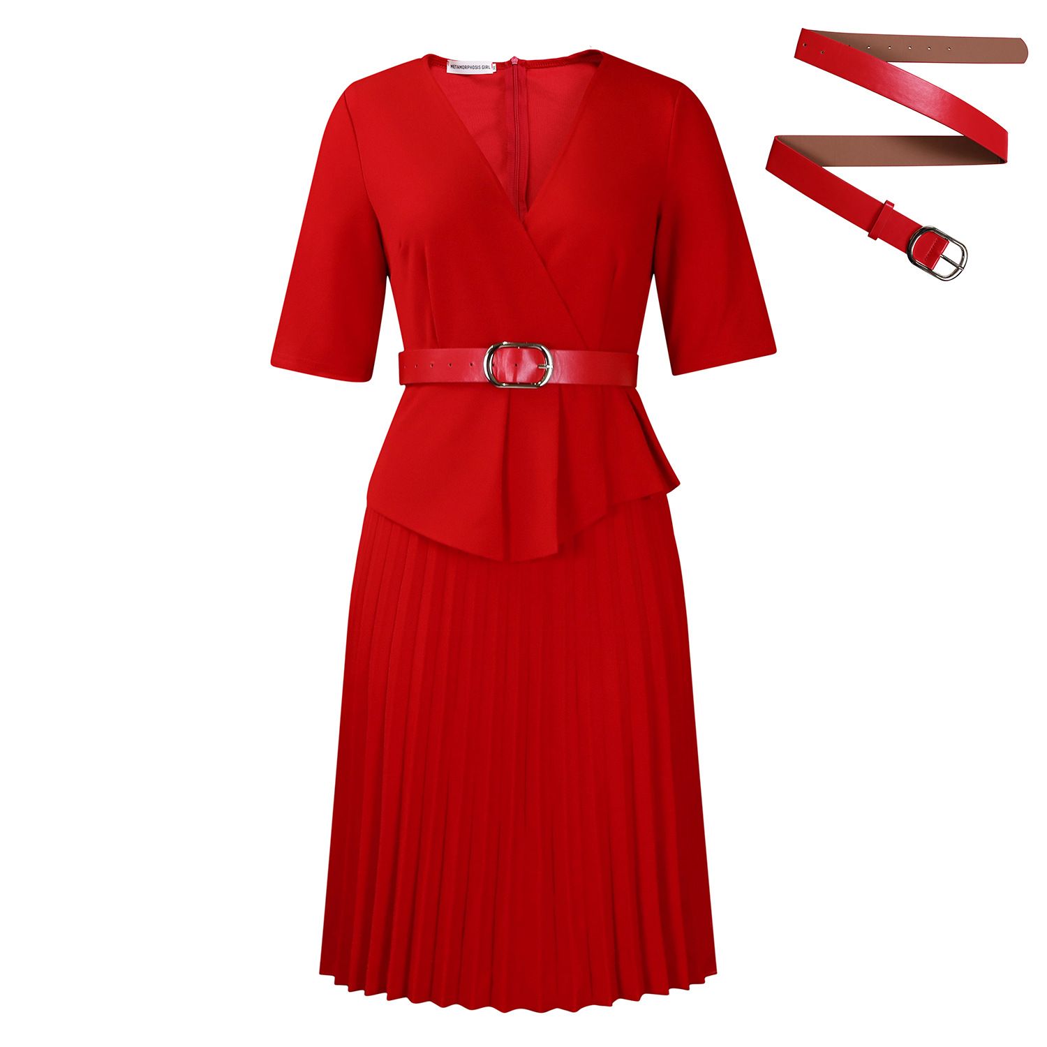 Latest Design Ladies Office Dresses Women Casual Elegant Half Sleeve V-neck Pleated Women Church Dresses With Belt   Dresses