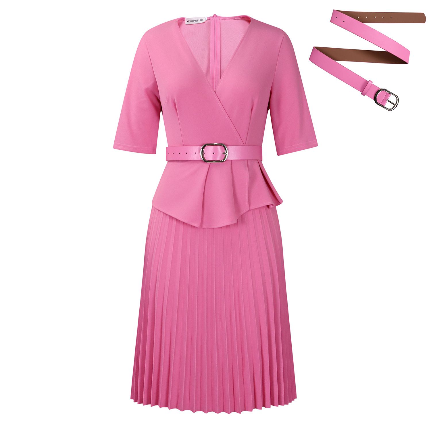 Latest Design Ladies Office Dresses Women Casual Elegant Half Sleeve V-neck Pleated Women Church Dresses With Belt   Dresses