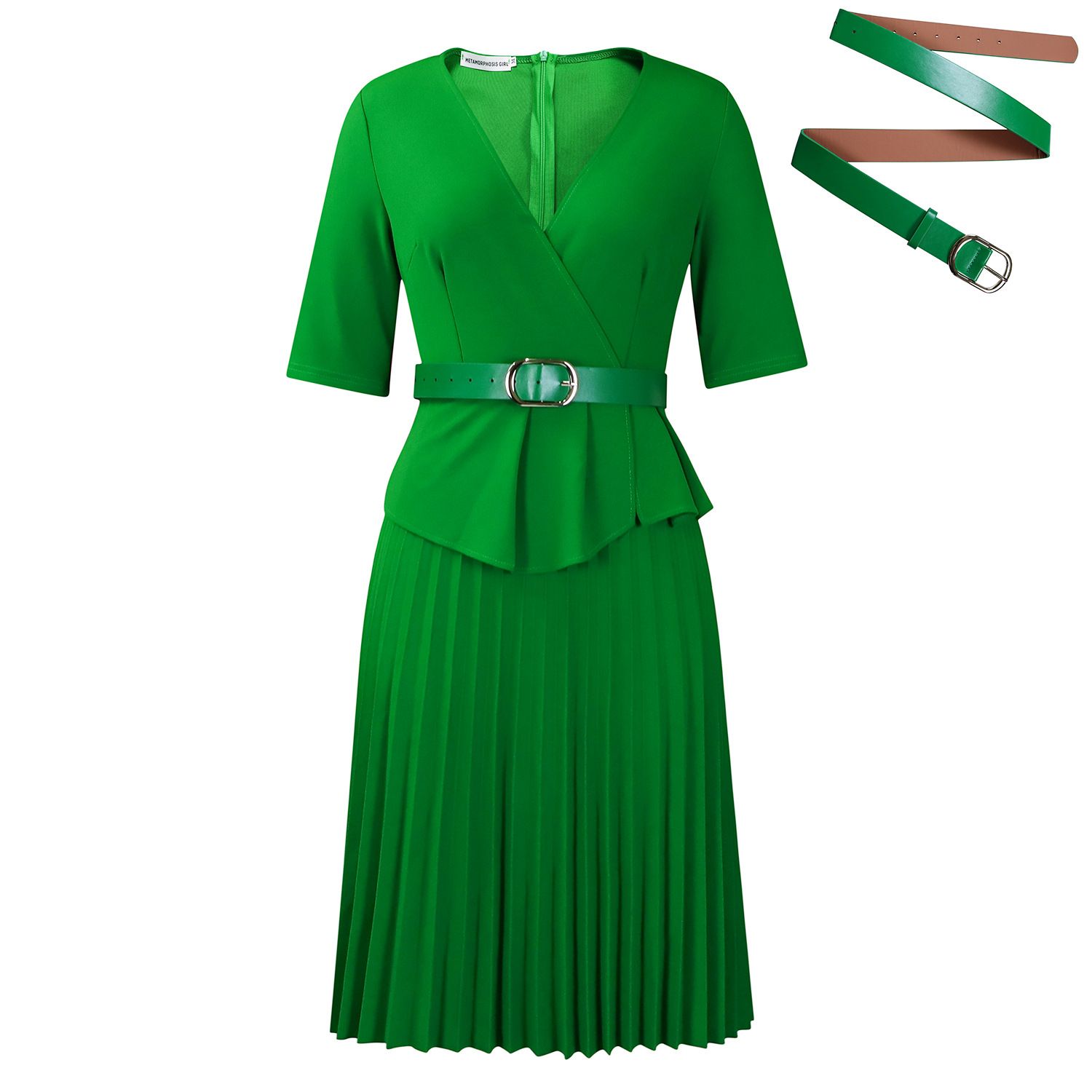 Latest Design Ladies Office Dresses Women Casual Elegant Half Sleeve V-neck Pleated Women Church Dresses With Belt   Dresses