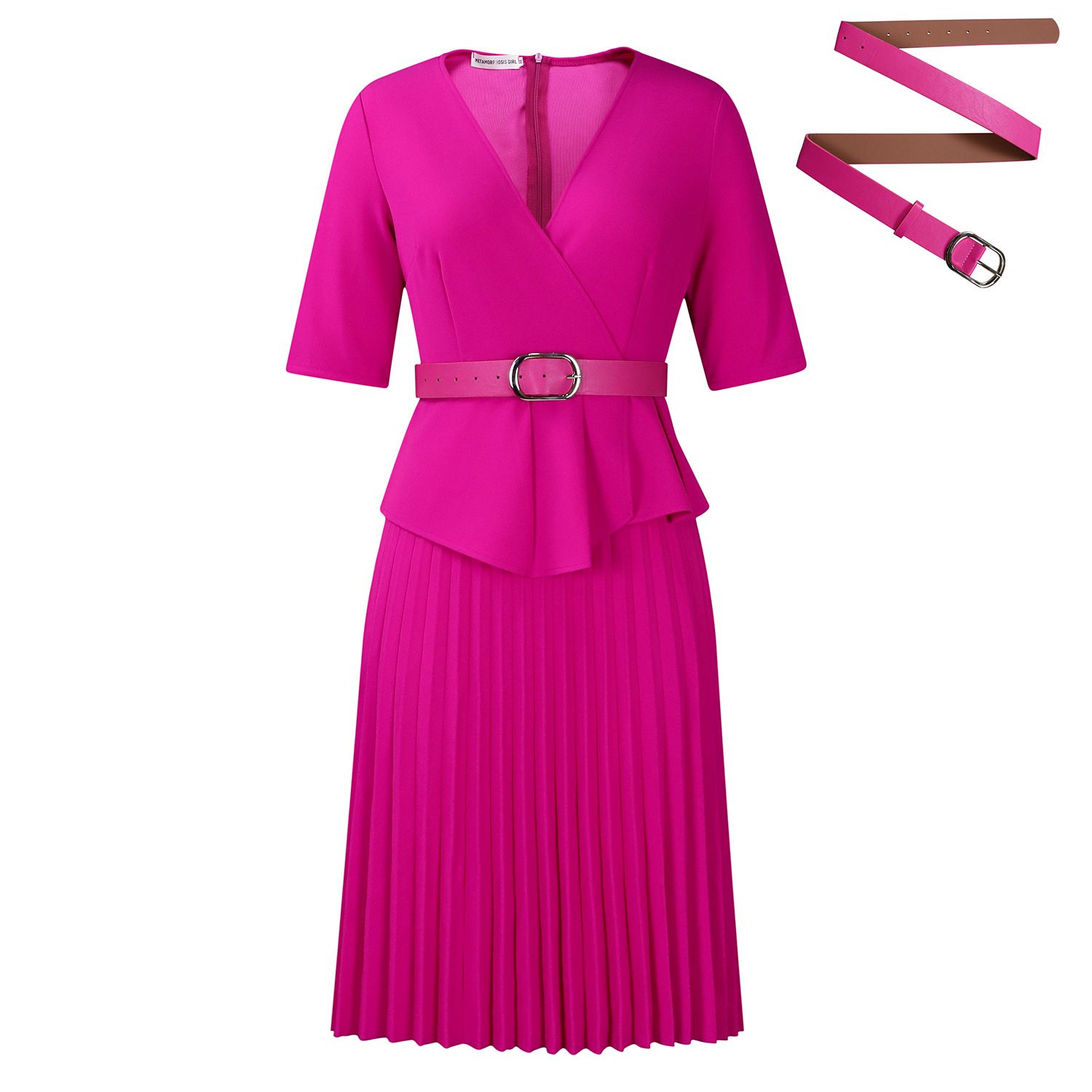 Latest Design Ladies Office Dresses Women Casual Elegant Half Sleeve V-neck Pleated Women Church Dresses With Belt   Dresses