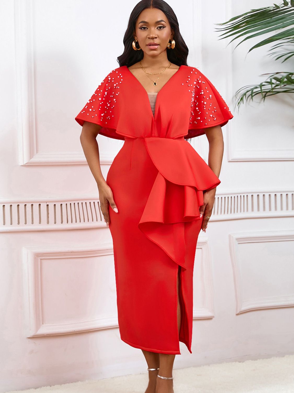 Latest Design Summer Party Dress Women Sexy V-neck Ruffle Split Beaded Elegant Evening Dresses