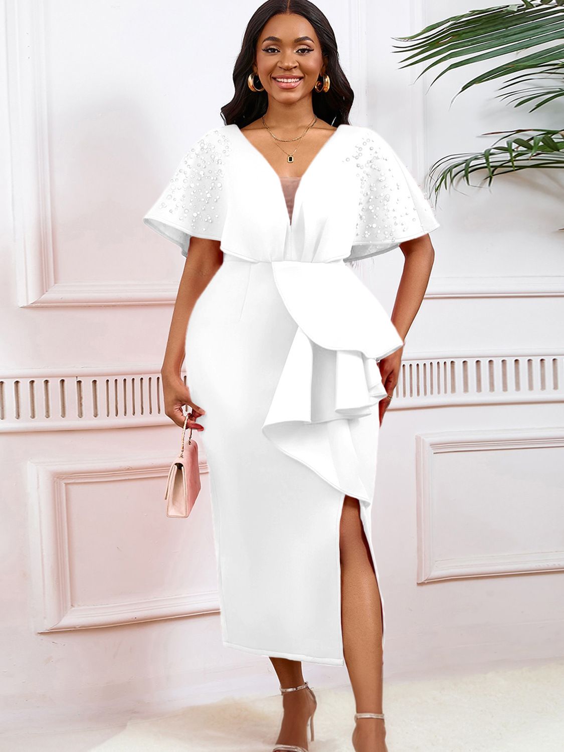 Latest Design Summer Party Dress Women Sexy V-neck Ruffle Split Beaded Elegant Evening Dresses