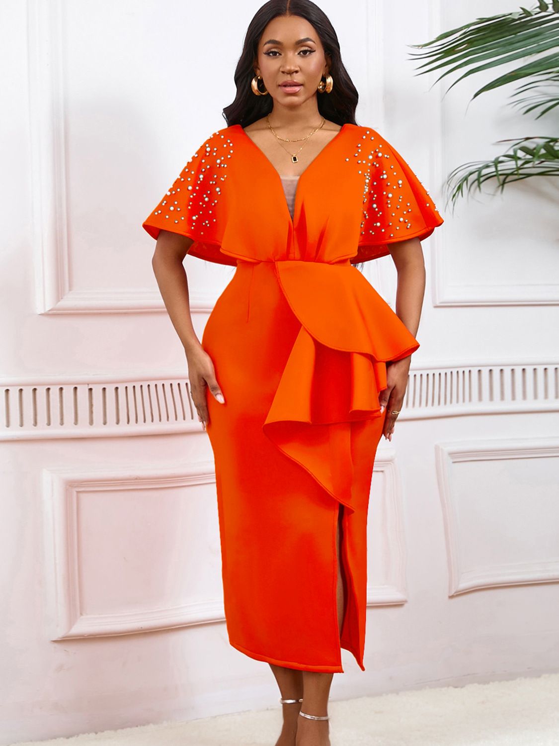 Latest Design Summer Party Dress Women Sexy V-neck Ruffle Split Beaded Elegant Evening Dresses