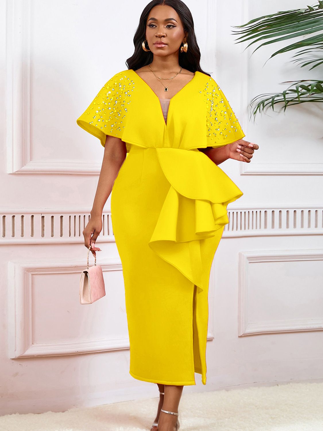 Latest Design Summer Party Dress Women Sexy V-neck Ruffle Split Beaded Elegant Evening Dresses