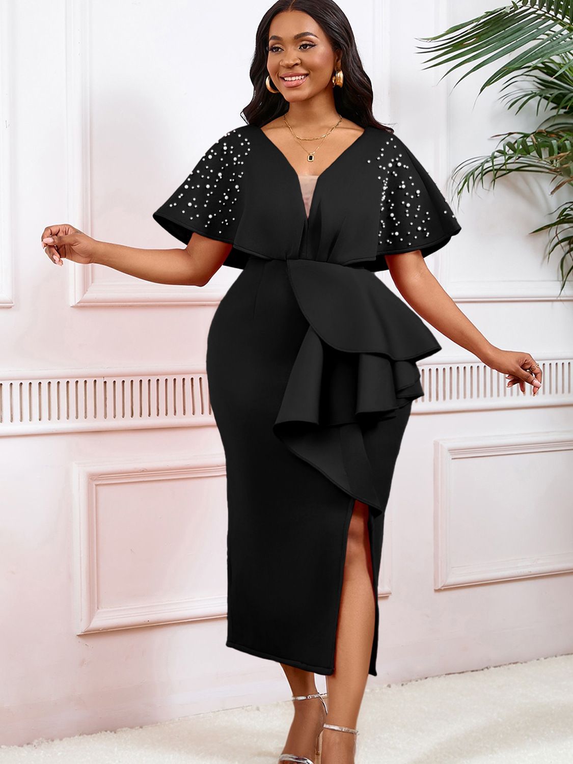 Latest Design Summer Party Dress Women Sexy V-neck Ruffle Split Beaded Elegant Evening Dresses