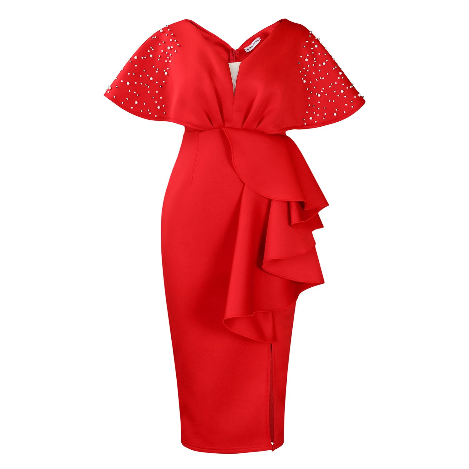Latest Design Summer Party Dress Women Sexy V-neck Ruffle Split Beaded Elegant Evening Dresses
