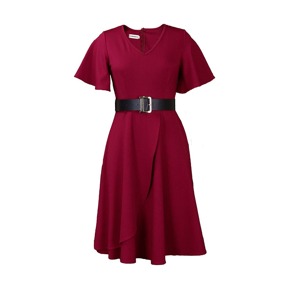 Women short Sleeve Dress V-Neck High Split Tie Wrap Midi Flowy Dresses with belt   Dresses
