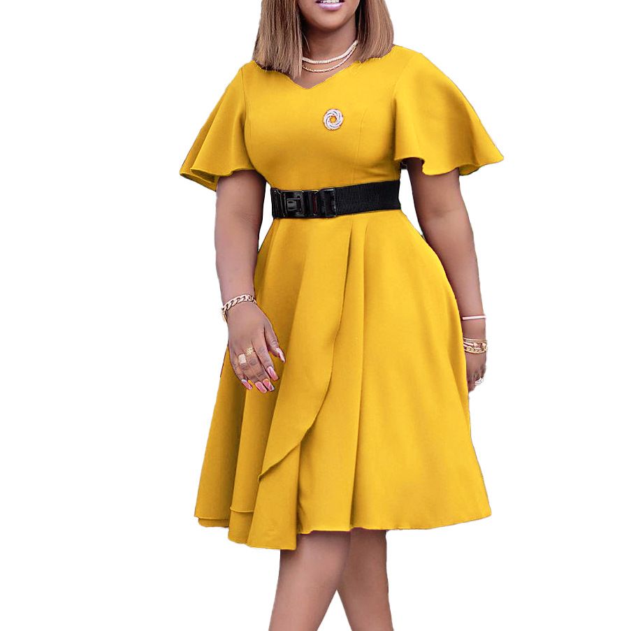 Women short Sleeve Dress V-Neck High Split Tie Wrap Midi Flowy Dresses with belt   Dresses