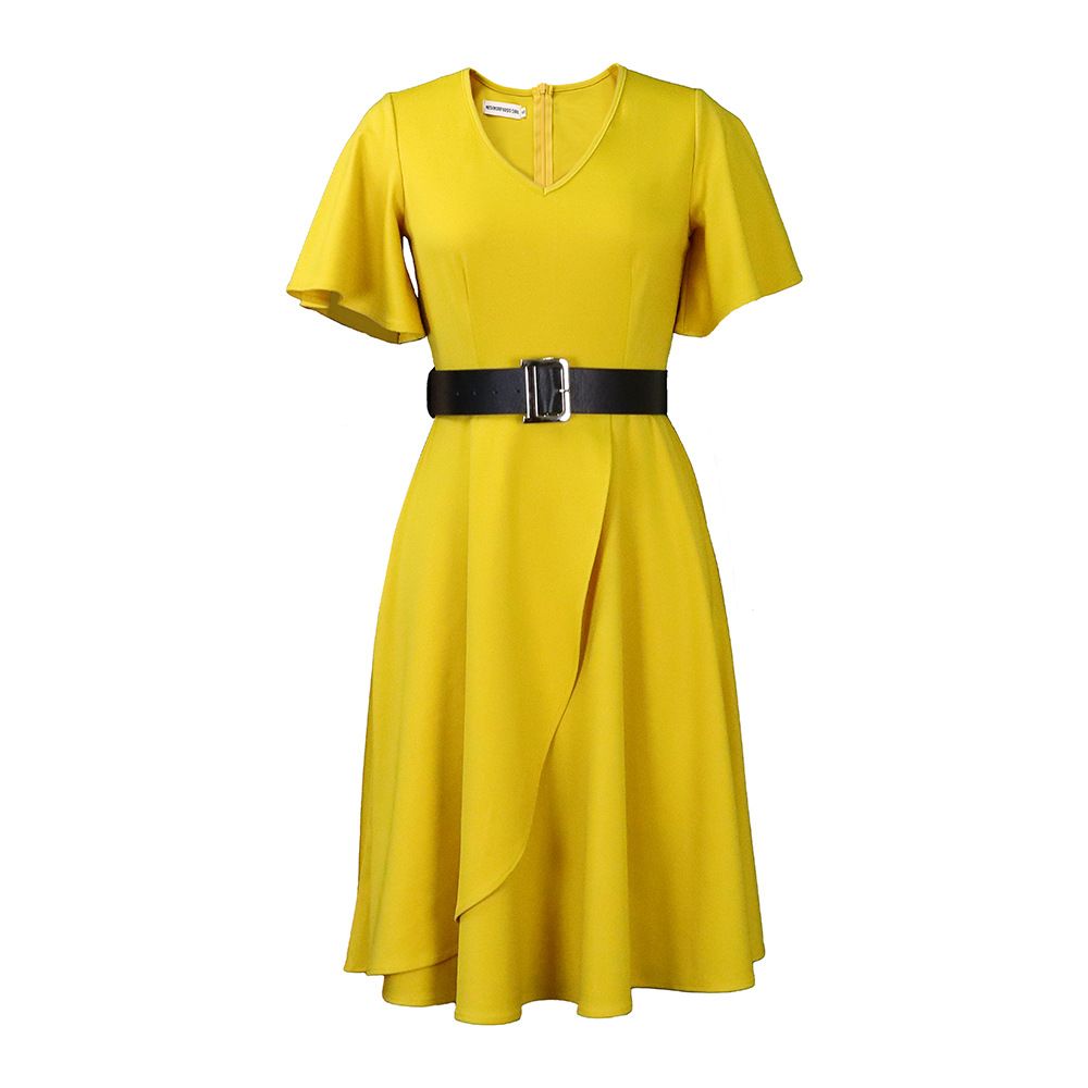 Women short Sleeve Dress V-Neck High Split Tie Wrap Midi Flowy Dresses with belt   Dresses