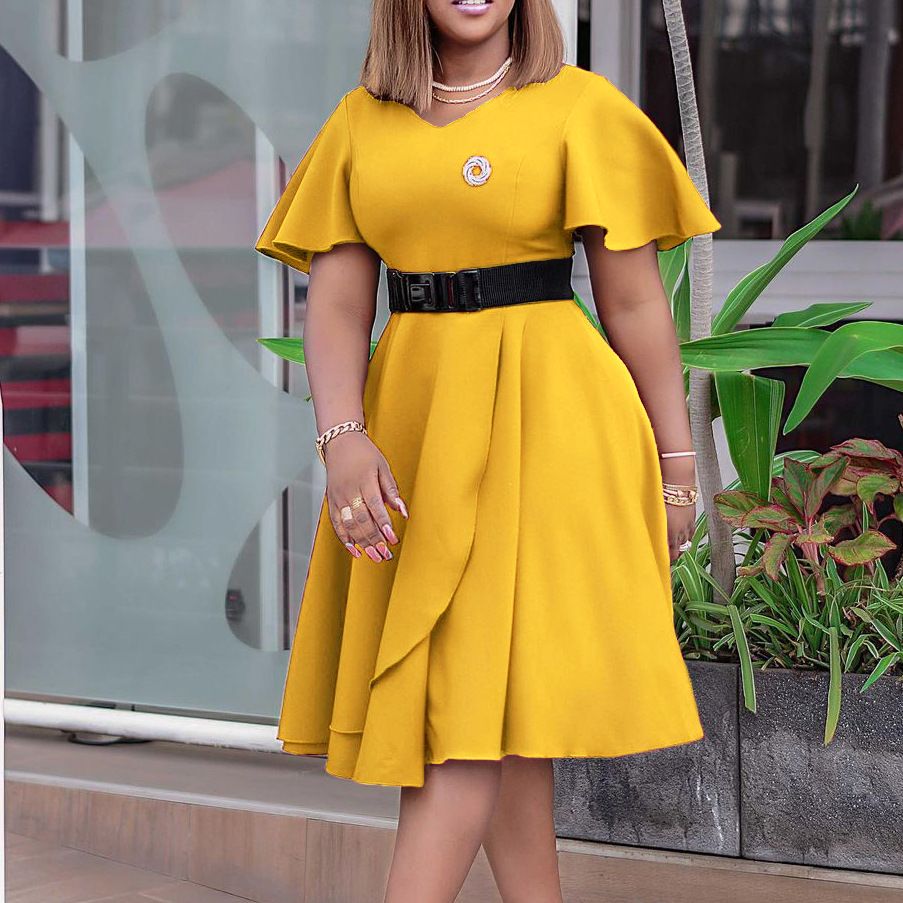 Women short Sleeve Dress V-Neck High Split Tie Wrap Midi Flowy Dresses with belt   Dresses