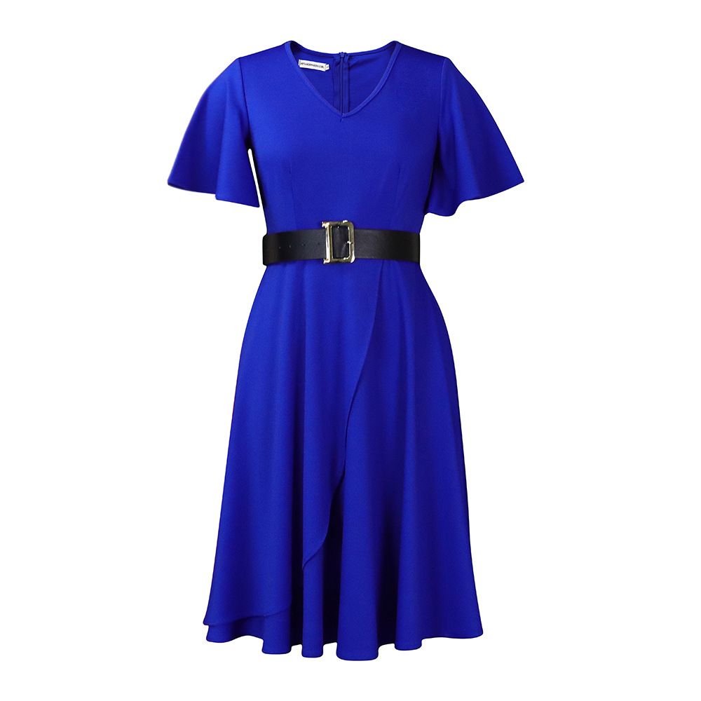 Women short Sleeve Dress V-Neck High Split Tie Wrap Midi Flowy Dresses with belt   Dresses