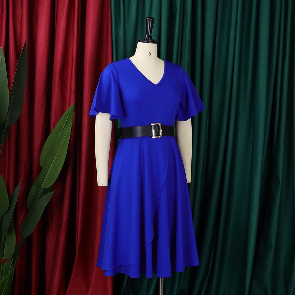 Women short Sleeve Dress V-Neck High Split Tie Wrap Midi Flowy Dresses with belt   Dresses